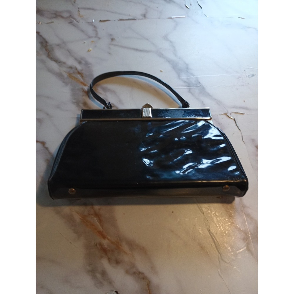 Vintage JR USA Hand Bag‎ Elegant Purse black patent leather 1970's Collectible